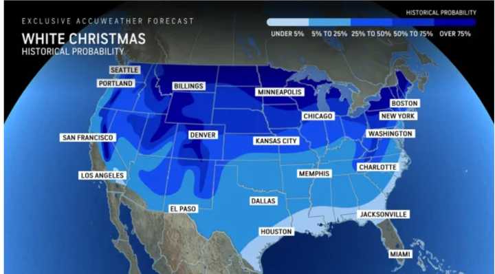 A look at historical probabilities for a White Christmas, with areas in the darkest shade of blue having the highest chance at 75 percent.