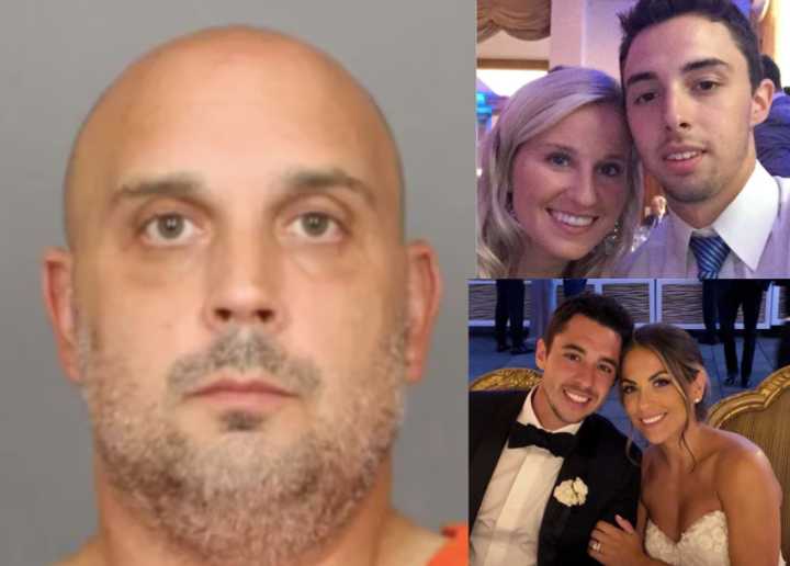 Sean Higgins (left) and Matt Gaudreau (top right) with his wife, Madeline, and John Gaudreau (bottom right) with his wife, Meredith.