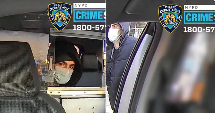 New images of the suspect in the slaying show him at left in a taxi cab after fleeing the scene and at right, walking on a street clad in a down jacket and hoodie.