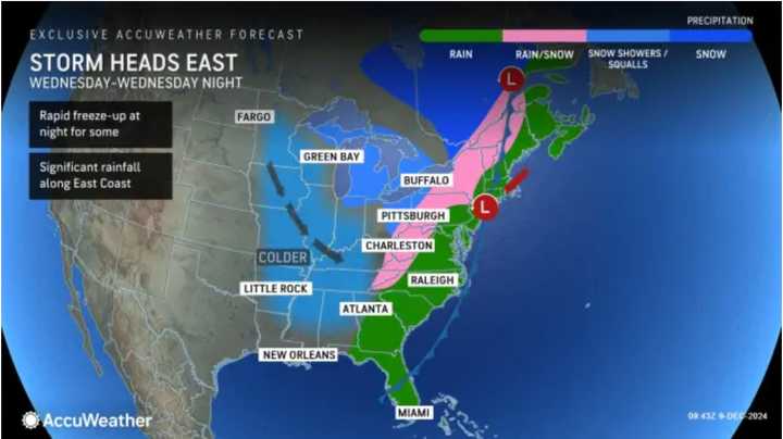 The storm will move from the southeast to the east starting Tuesday night, Dec. 10.