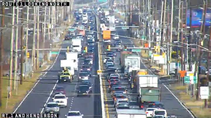 Traffic near a crash on Route 1 in South Brunswick, NJ on December 13, 2024.