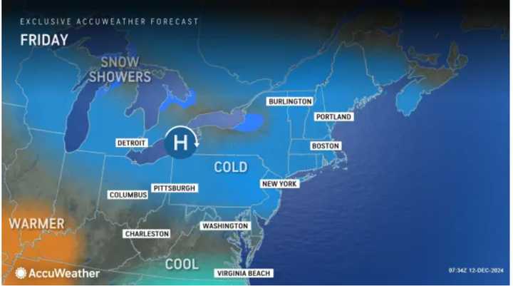 The cold air mass will continue Friday, Dec. 13, and into the first half of the weekend on Saturday, Dec. 14.