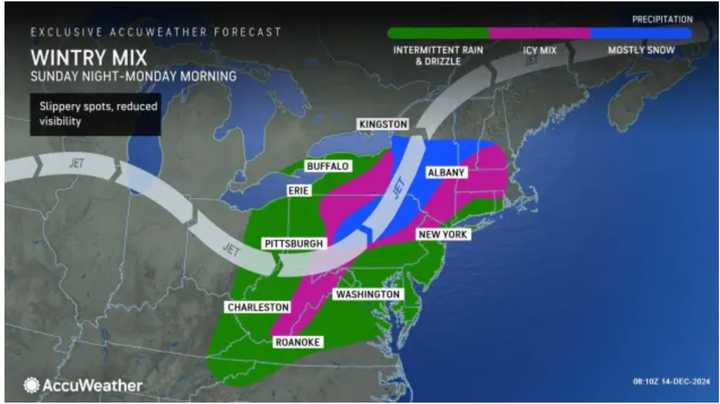 A look at the types of precipitation being predicted by location, with intermittent rain and drizzle (green), an icy mix (pink), and mostly snow (blue).