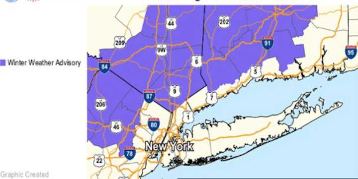 A Winter Weather Advisory has been issued for areas shown in purple.