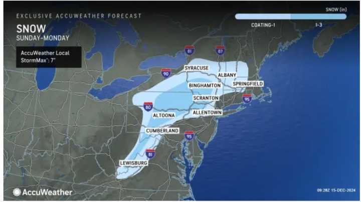 Areas in the darker shade of blue are expected to see 1 to 3 inches of snowfall, while locations in the light shade should see a coating to an inch and icy conditions from the system.
  
