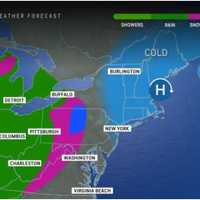 <p>A look at the types of precipitation being predicted by location, with intermittent rain and drizzle (green), an icy mix (pink), and mostly snow (blue).
  
</p>