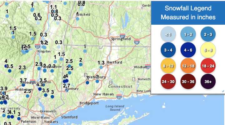 Here's how much snow fell in the region on Monday, Dec. 16, according to the National Weather Service.