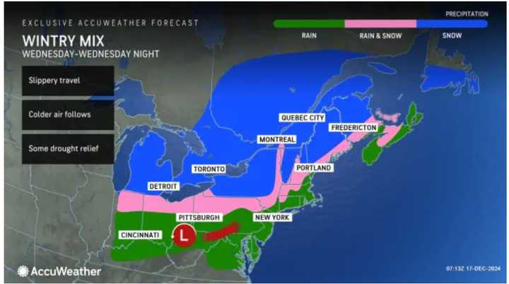 A complex new storm is on track for Wednesday, Dec. 18, bringing rain, with rain and sleet in some inland areas, and snow farthest north.
  
