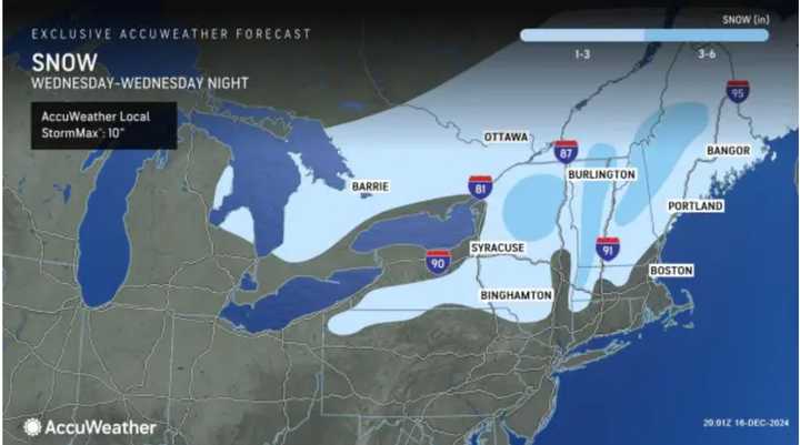 Locations in the lighter shade of blue are predicted to see 1 to 3 inches of snowfall, with 3 to 6 inches forecast in those areas in the darker shade.