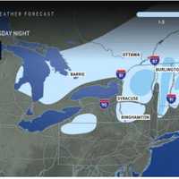 <p>Locations in the lighter shade of blue are predicted to see 1 to 3 inches of snowfall, with 3 to 6 inches forecast in those areas in the darker shade.
  
</p>