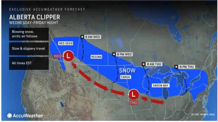 The Alberta Clipper system will move toward the East Coast, arriving on Friday, Dec. 20.