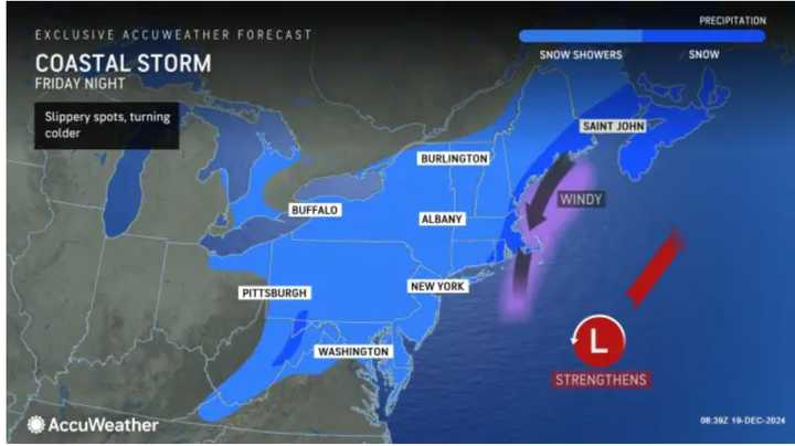 A look at the coastal storm on track to merge with an Alberta Clipper system moving east on Friday, Dec. 20.