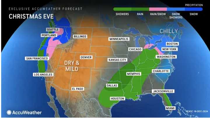 A look at areas where forecast models say snow and snow showers are possible along the East Coast on Christmas Eve on Tuesday, Dec. 24 (shown in the lighter shades of blue).