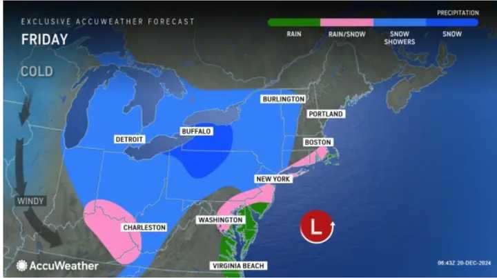 A look at precipitation types by region: rain (green), wintry mix (pink), snow showers (blue), and snow (dark blue).