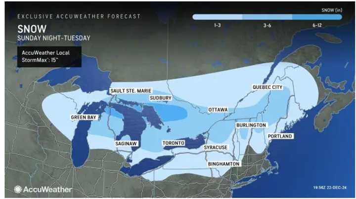 A widespread 1 to 3 inches of snow is expected in areas shown in the lightest shade of blue, with 3 to 6 inches predicted for parts of upstate New York and northern New England.
  
