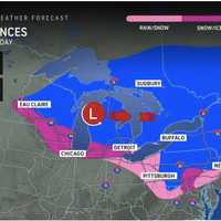 <p>Slippery travel is expected from early morning on Tuesday, Dec. 24, into early afternoon in the areas shown in pink and blue.</p>