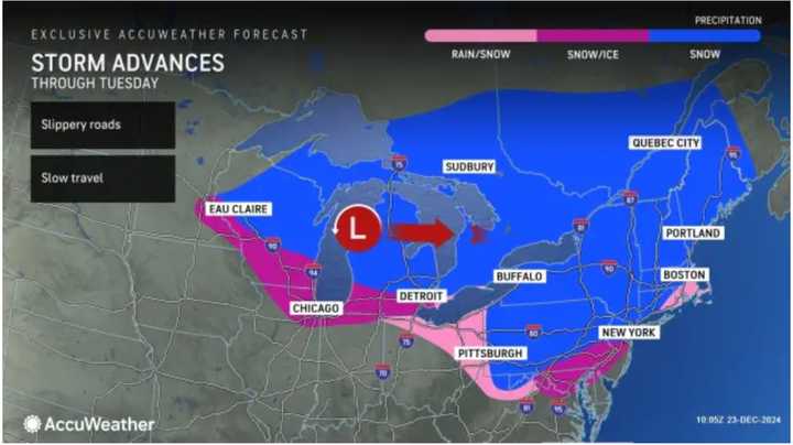 Slippery travel is expected from early morning on Tuesday, Dec. 24, into early afternoon in the shaded locations where a mix of rain, snow, and sleet is expected.