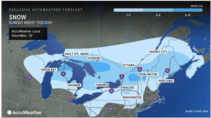 A widespread 1 to 3 inches of snowfall is projected in locations shown in the lightest shade of blue, with 3 to 6 inches forecast in areas shown in sky blue and 6 to 12 inches in the areas in northern New York and New England in darker blue.