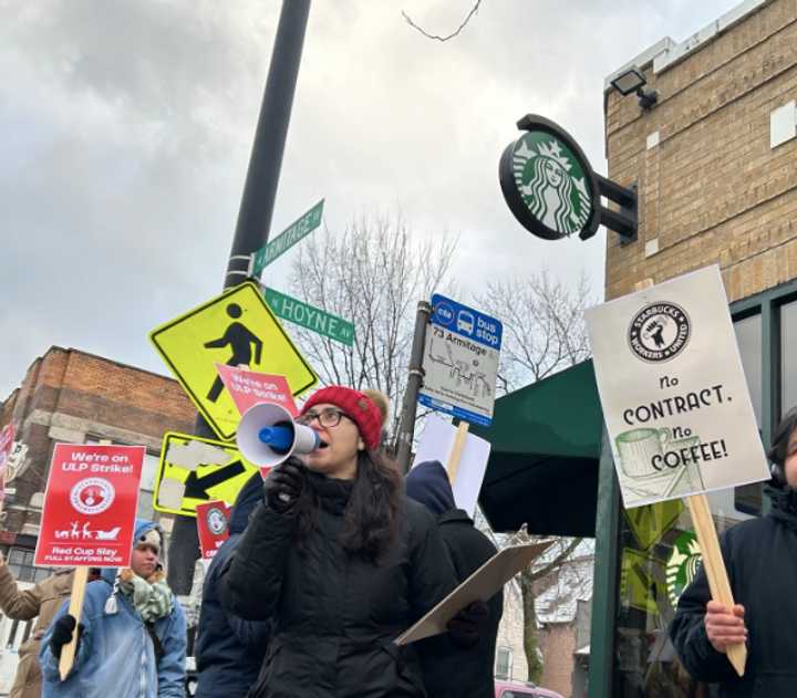 Striking Starbucks workers over the weekend.