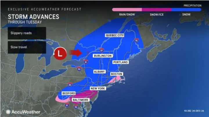 Areas where a wintry mix is leading to slippery travel throughout the Northeast on Christmas Eve on Tuesday, Dec. 24.