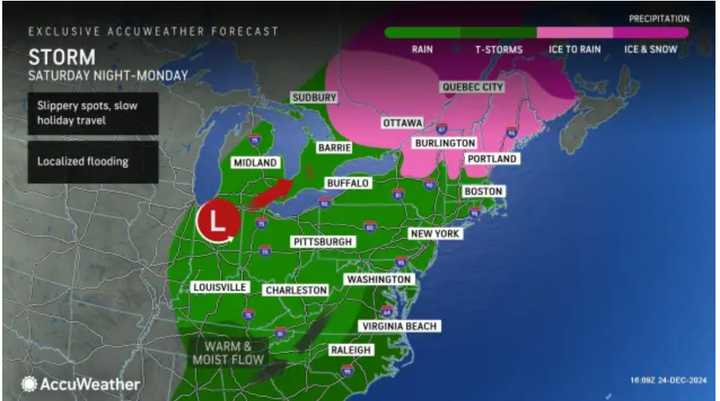 Rain could be heavy at times Saturday, Dec. 28, into Sunday, Dec. 29, with slippery travel possible in the areas shown in green and pink.