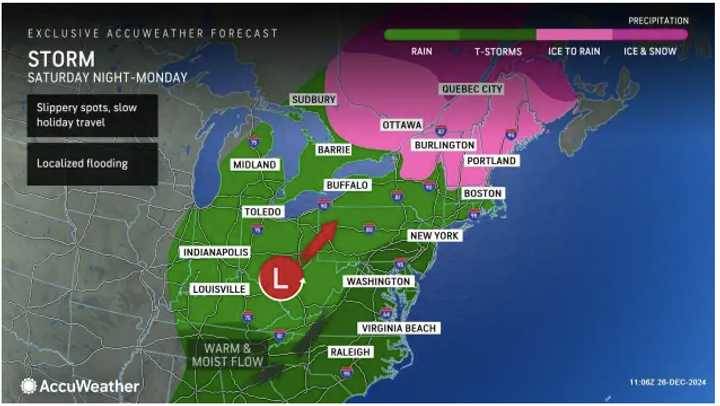 Some parts of the Northeast could see freezing rain or snow Saturday, Dec. 28, into Sunday, Dec. 29.