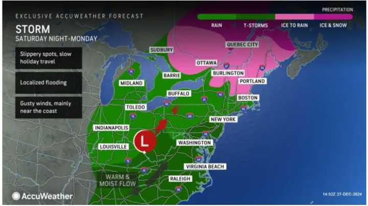 Localized flooding is most likely in areas farthest south from Saturday, Dec. 28, into Monday, Dec. 30.