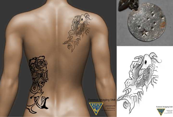 The individual had two tattoos (pictured): a koi fish tattoo on the upper right portion of her back (shoulder blade area) and a rose tattoo on her left ribs, extending from her chest to her hip.&nbsp;
  
