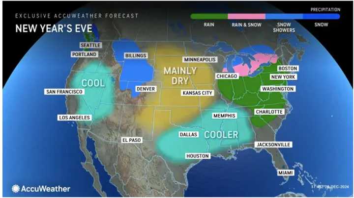 There will be rain, heavy times, in the broad area shown in green on New Year's Eve on Tuesday, Dec. 31.