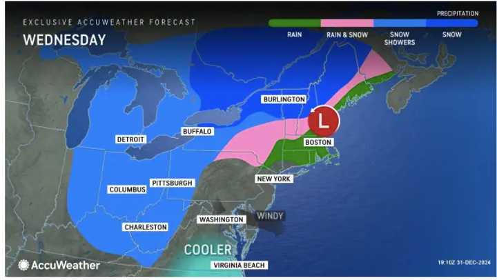 A look at the widespread rainfall on New Year's Eve, Tuesday, Dec. 31, into New Year's Day morning on Wednesday, Jan. 1, with a wintry mix (in pink) inland and snow farthest north.