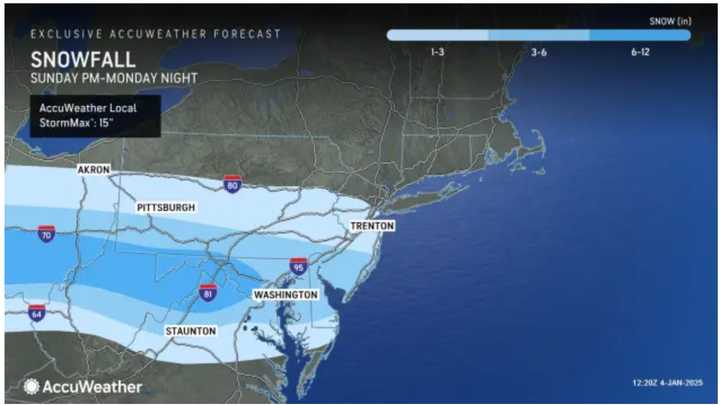 Areas in the lightest shades of blue should see between 1 to 6 inches of snowfall, with half a foot to a foot in the area in the darkest blue shade.
  
