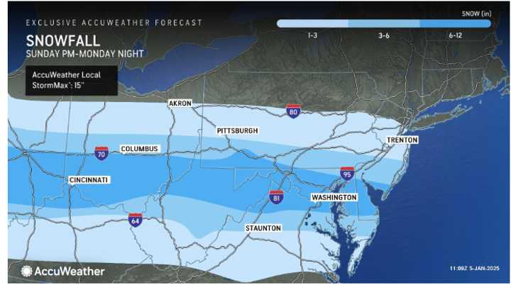 Between 6 to 12 inches of snowfall is predicted in locations in the darkest shade of blue, with 1 to 3 inches in the lightest shade and 3 to 6 inches forecast in the next shade of blue.
  
