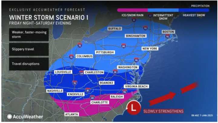 The initial scenario for the storm predicts the heaviest snow moving from the Midwest into the Mid-Atlantic on Friday night, Jan. 10, continuing into Saturday evening, Jan. 11.