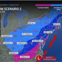 <p>The second scenario has the storm strengthening as it moves toward the Northeast, which would mean heavy snow in the locations shown in the darkest shade of blue.</p>