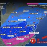 <p>The heaviest snow and ice are predicted for the south of Washington, DC, but accumulating snow and slippery travel will range from the Midwest to southern New England.
  
</p>