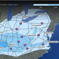 <p>Areas in the lightest shade of blue are projected to see 1 to 3 inches of snowfall from the storm Friday, Jan. 10, into Saturday, Jan. 11. Up to 6 inches is possible in the next shade, and up to a foot in the darkest shade.
  
</p>