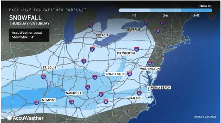 Areas in the lightest shade of blue are projected to see 1 to 3 inches of snowfall from the storm Friday, Jan. 10, into Saturday, Jan. 11. Up to 6 inches is possible in the next shade, and up to a foot in the darkest shade.
  
