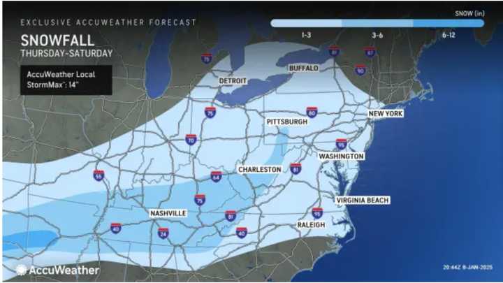 Areas in the lightest shade of blue are projected to see 1 to 3 inches of snowfall from the storm Friday, Jan. 10, into Saturday, Jan. 11. Up to 6 inches is possible in the next shade, and up to a foot in the darkest shade.