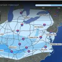 <p>Latest snow accumulation projections -&nbsp;Light blue areas: 1 to 3 inches;&nbsp;Next shade: up to 6 inches;&nbsp;Dark blue areas: up to a foot.</p>