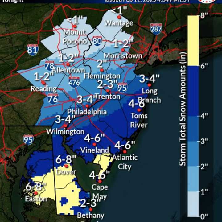 Parts of New Jersey will see up to eight inches of snow Wednesday, Feb. 12, the National Weather Service reports.