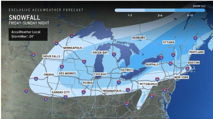 Snowfall projections for the weekend storm with a widespread 1 to 3 inches of accumulation for areas in the lightest shade of blue, and 3 to 6 inches in locations in the next darkest shade.