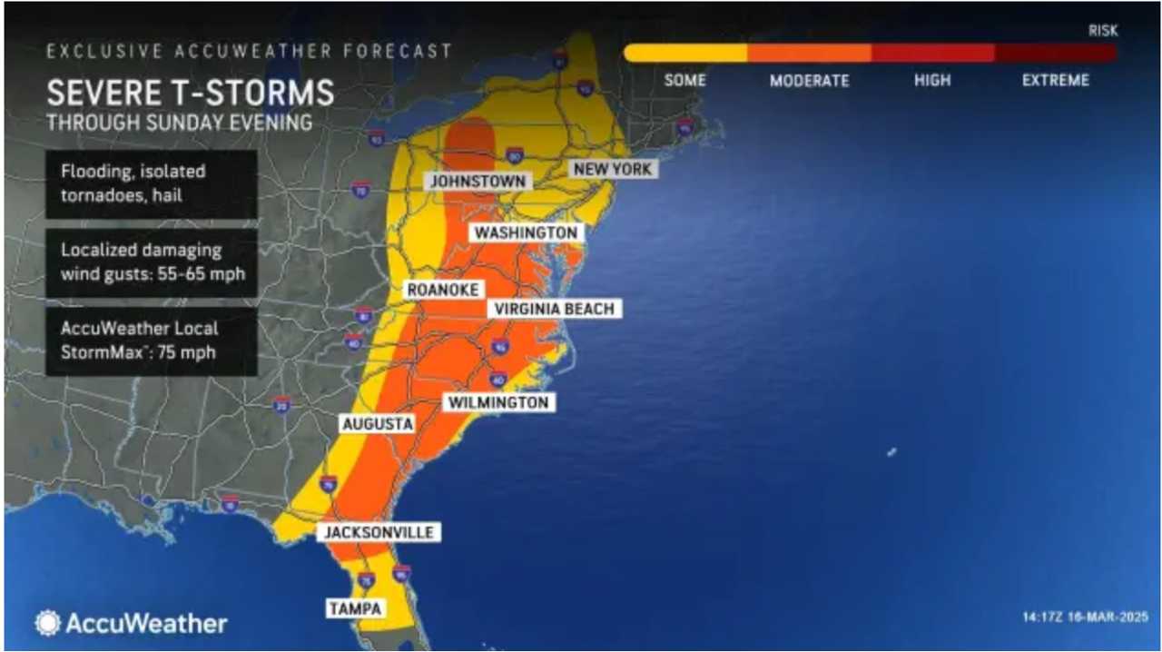 Areas where the most severe storms are expected on Sunday are shown in the darker shade of orange.
 

