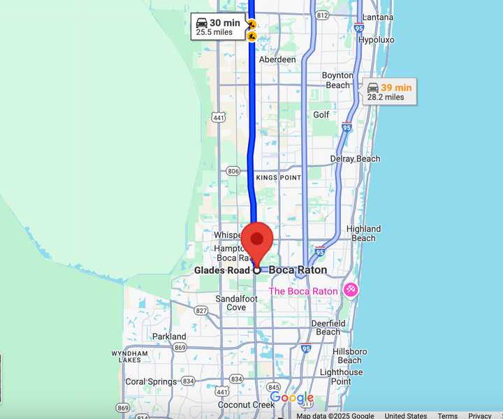 The crash happened around 10:20 a.m. Friday, April 11 in the area of Bacon Raton, Florida marked in red.