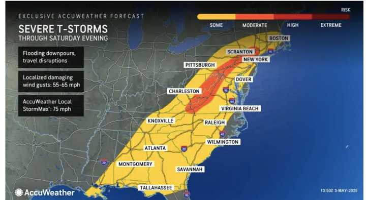 Showers and thunderstorms are expected over a broad area Saturday, May 3, during the late afternoon, and into the evening.