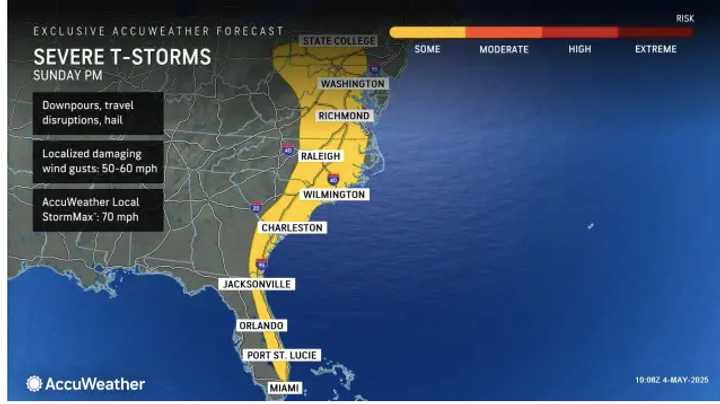 Scattered thunderstorms are also possible, with stronger storms expected in the evening in the locations shown in yellow.&nbsp; &nbsp; &nbsp;