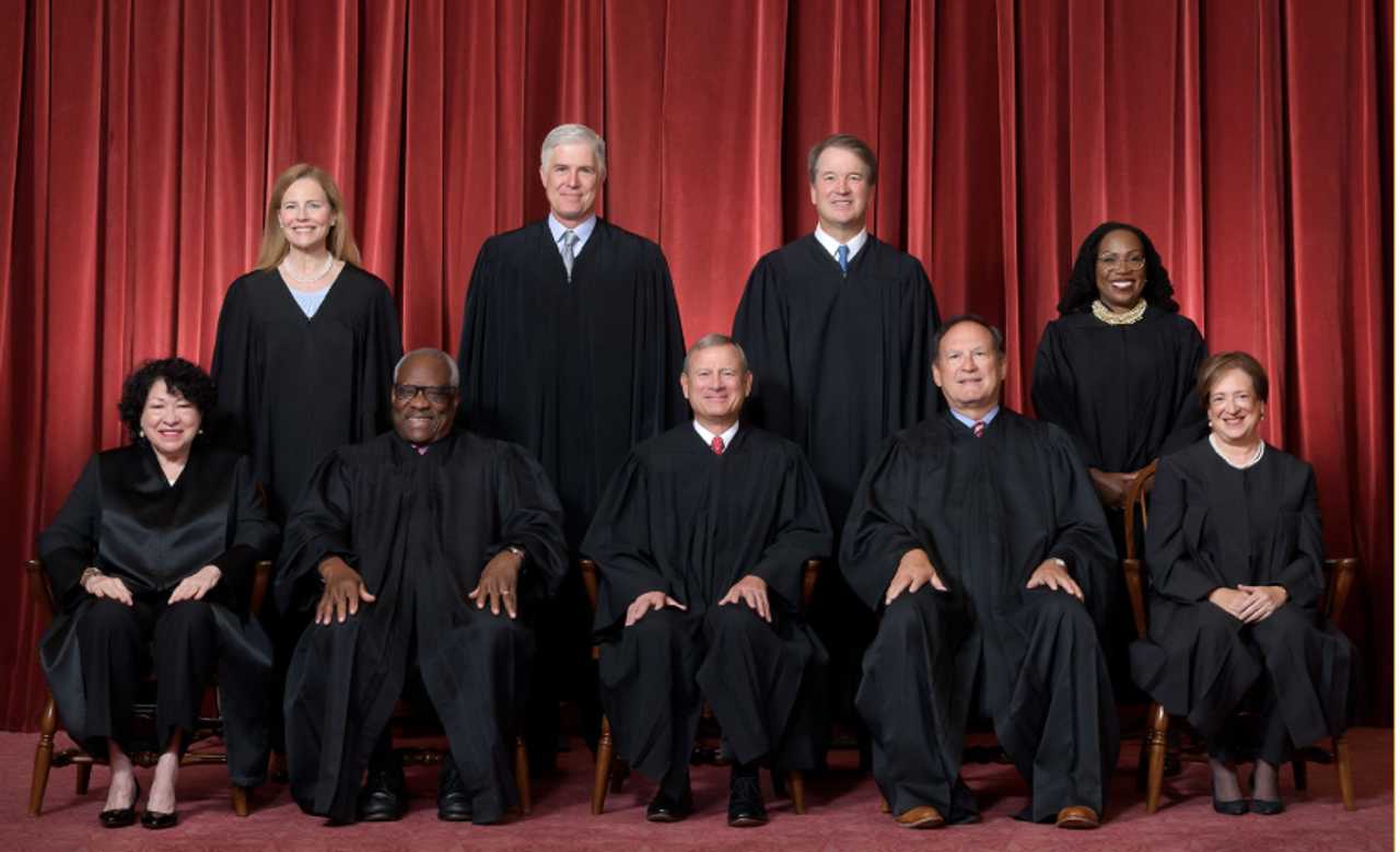 Front row, left to right: Sonia Sotomayor, Clarence Thomas, Chief Justice John G. Roberts, Jr., Samuel A. Alito, Jr., and Elena Kagan. Back row: Amy Coney Barrett, Neil M. Gorsuch, Brett M. Kavanaugh, and Ketanji Brown Jackson.