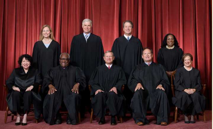 Front row, left to right: Sonia Sotomayor, Clarence Thomas, Chief Justice John G. Roberts, Jr., Samuel A. Alito, Jr., and Elena Kagan. Back row: Amy Coney Barrett, Neil M. Gorsuch, Brett M. Kavanaugh, and Ketanji Brown Jackson.