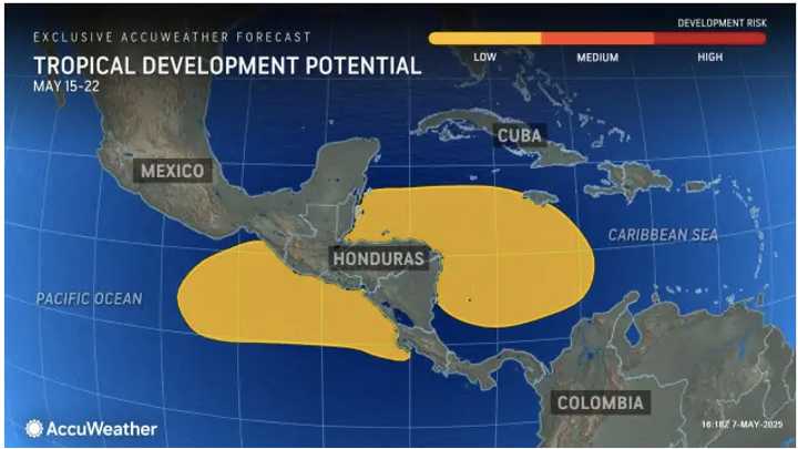A slowly rotating, expansive area in the atmosphere may develop near Central America, affecting parts of the Caribbean and the eastern Pacific Ocean, in mid-May.