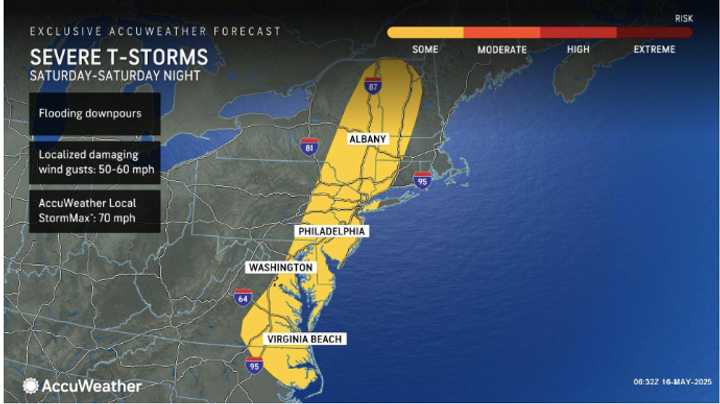 A look at the broad area where severe storms are possible on Saturday, May 17.