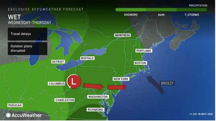 The storm will traverse the mid-Atlantic and Northeast on Wednesday, May 21, and Thursday, May 22.